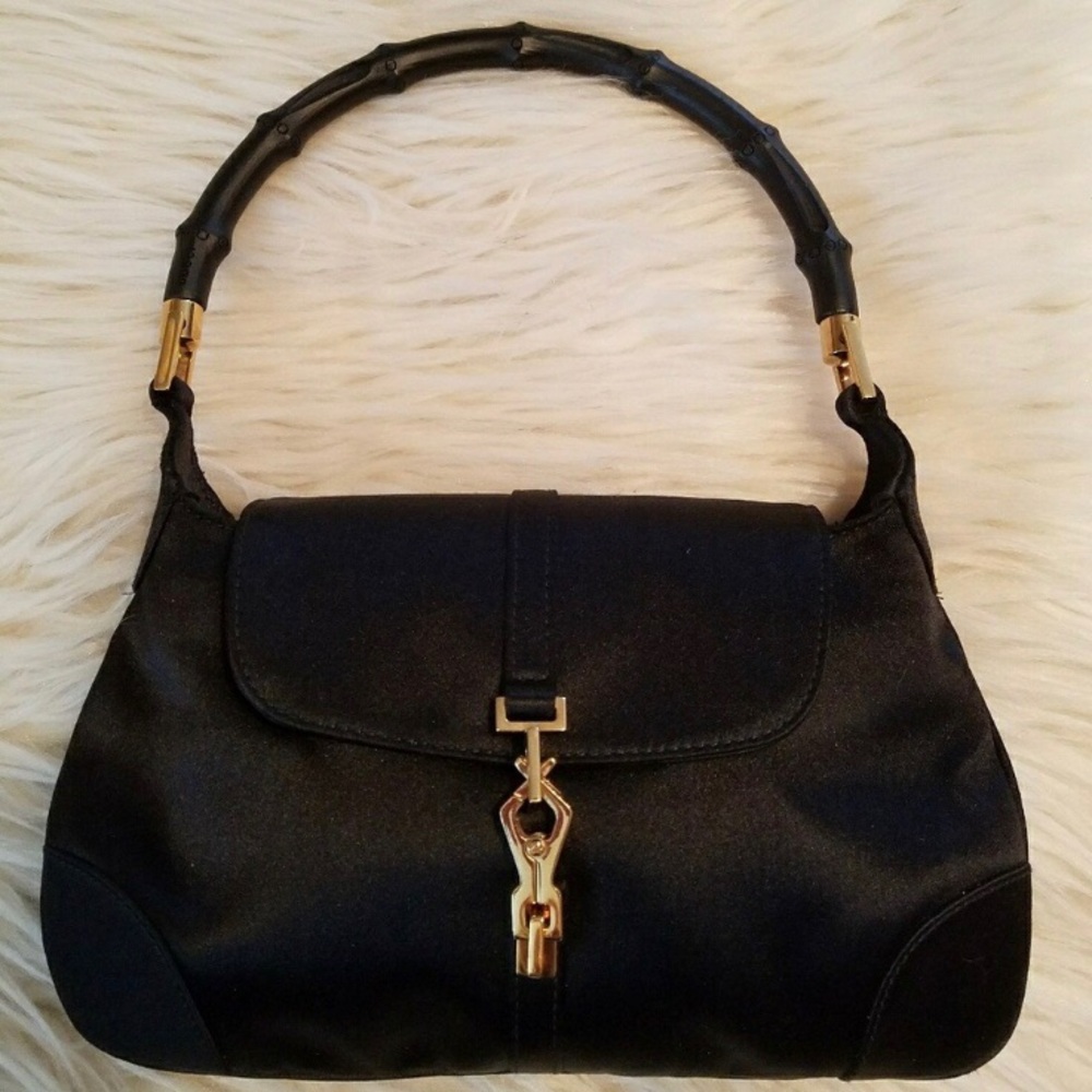 GUCCI $975 Bamboo evening authentic satin bag.